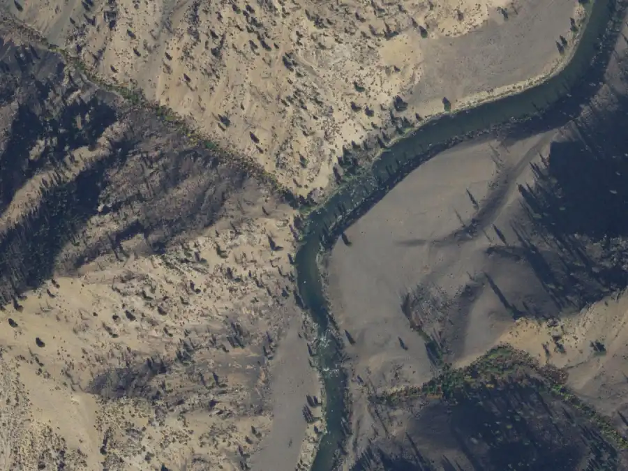 Aerial view of the river around mile 43.2, where Pine Creek Flat is on river right