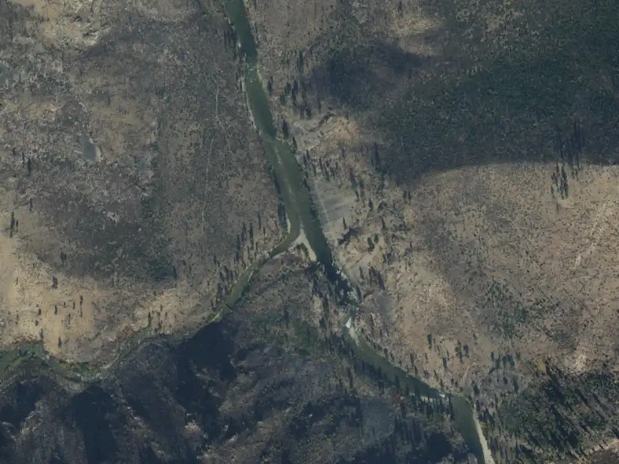 Aerial view of the river around mile 21.4, where Pistol Creek Camp is on river left