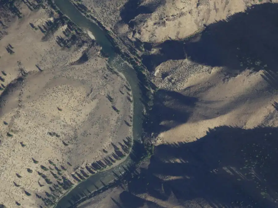 Aerial view of the river around mile 61.1, where Pool Camp is on river right