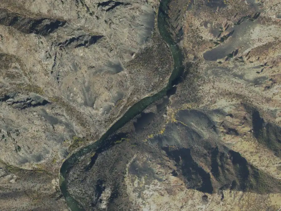 Aerial view of the river around mile 16.5, where Rapid River is on river right