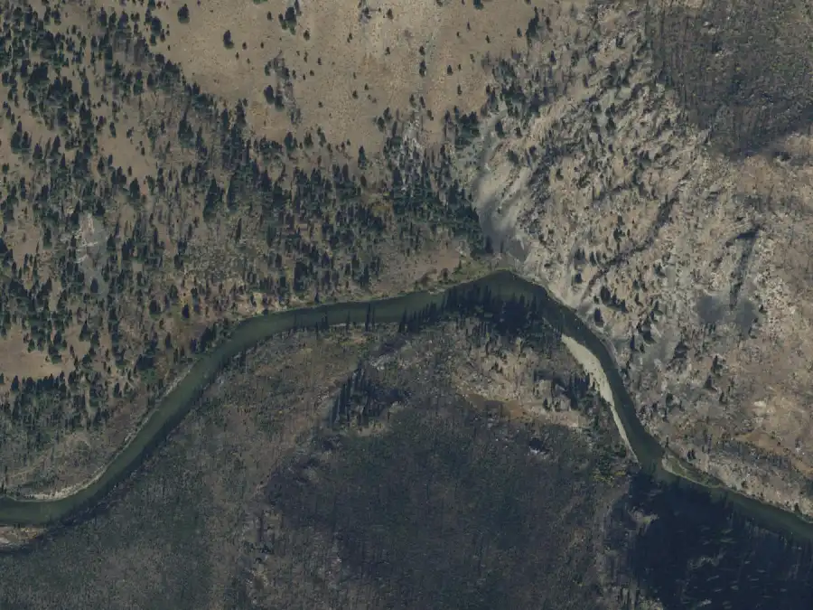 Aerial view of the river around mile 9.3, where Saddle Camp is on river left