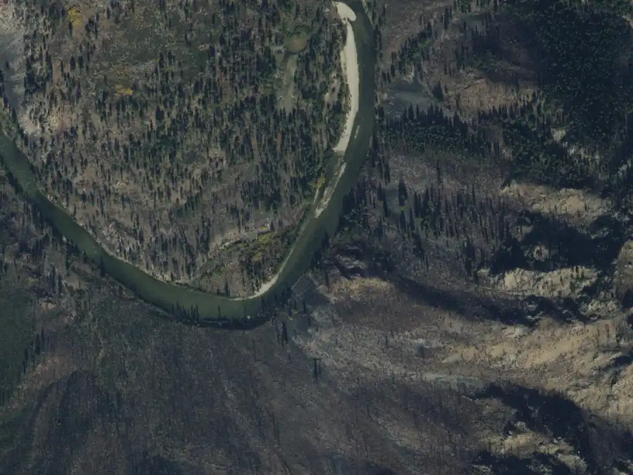 Aerial view of the river around mile 12.7, where Scout Camp is on river left