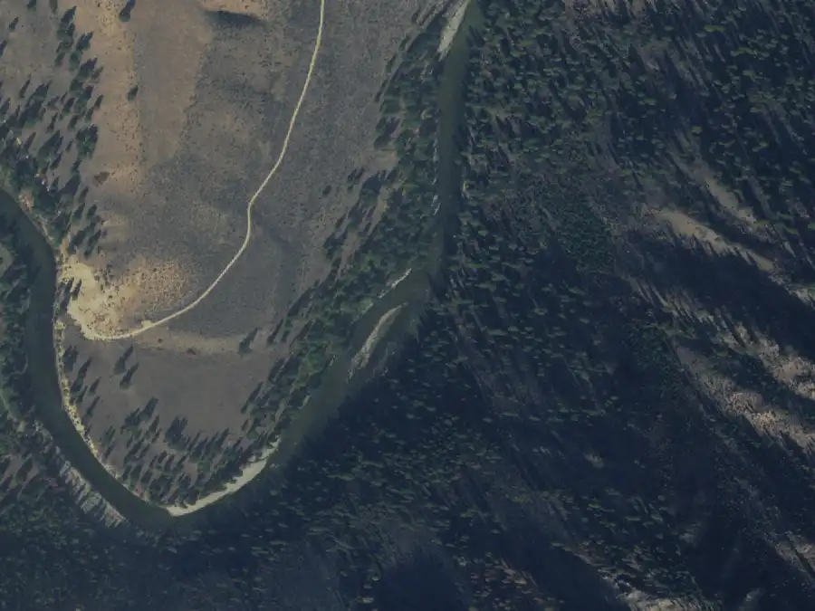 Aerial view of the river around mile 34.4, where State Land Left is on river left