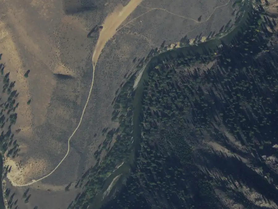 Aerial view of the river around mile 34.6, where State Land Right is on river right