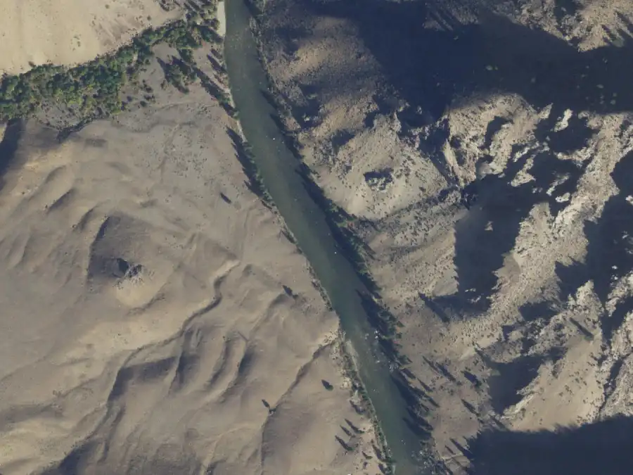 Aerial view of the river around mile 64.5, where Trail Camp is on river right