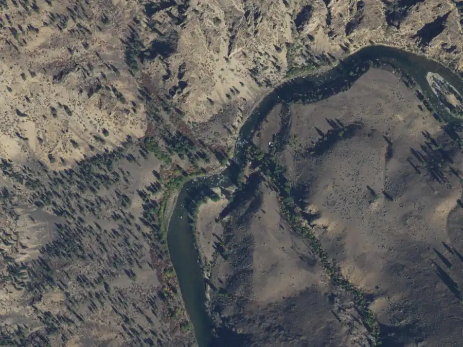 Aerial view of the river around mile 56.4, where Upper Grouse is on river right