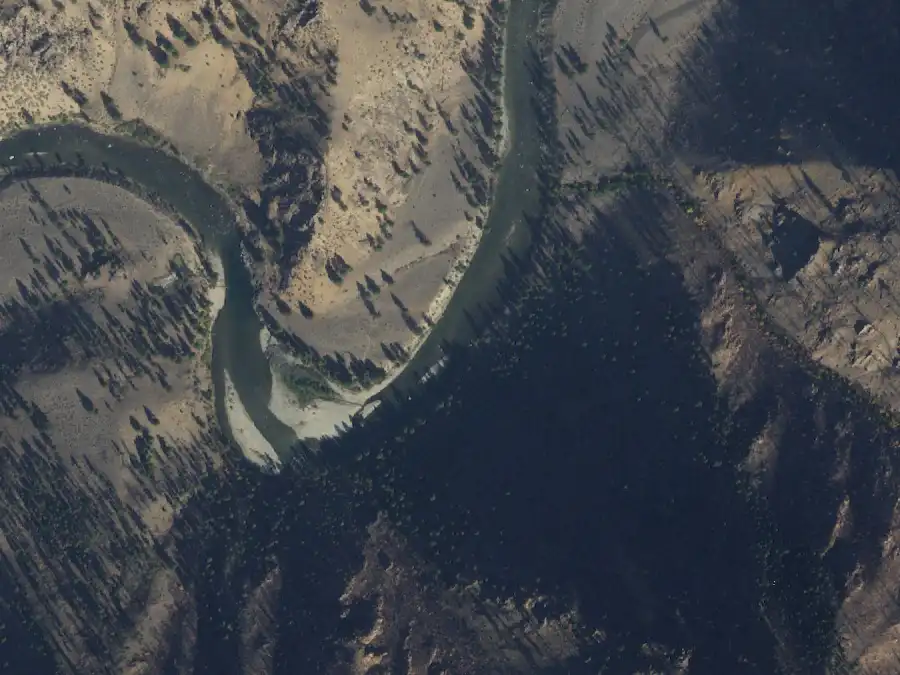 Aerial view of the river around mile 46.2, where Whitey Cox is on river right
