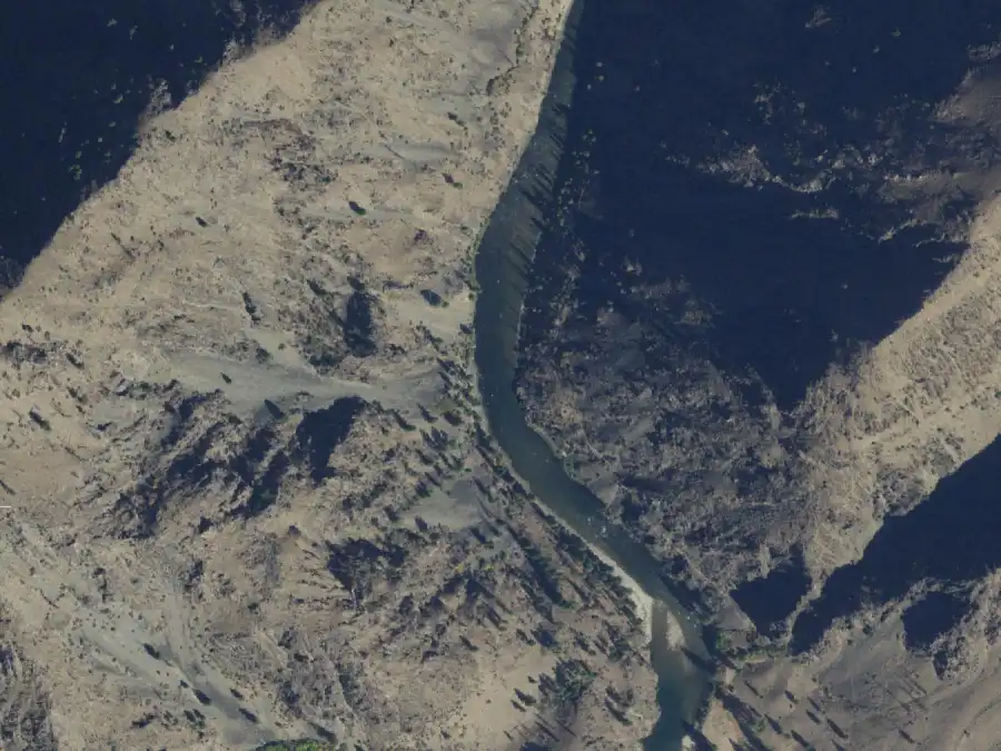 Aerial view of the river around mile 74.9, where Woolard Creek is on river right